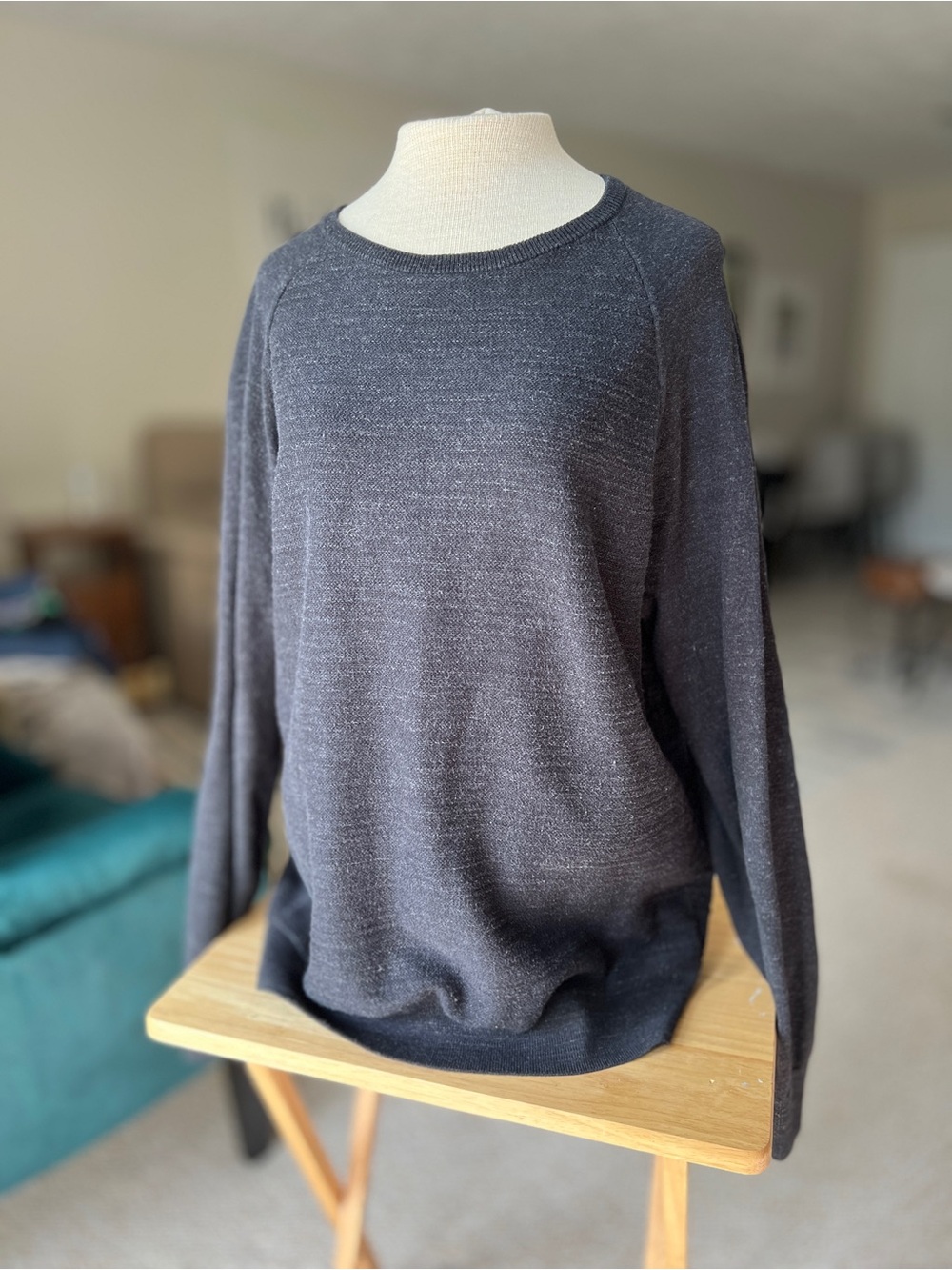 J. Crew Charcoal Gray Blue Textured Crewneck Sweater Pullover Raglan Size XL